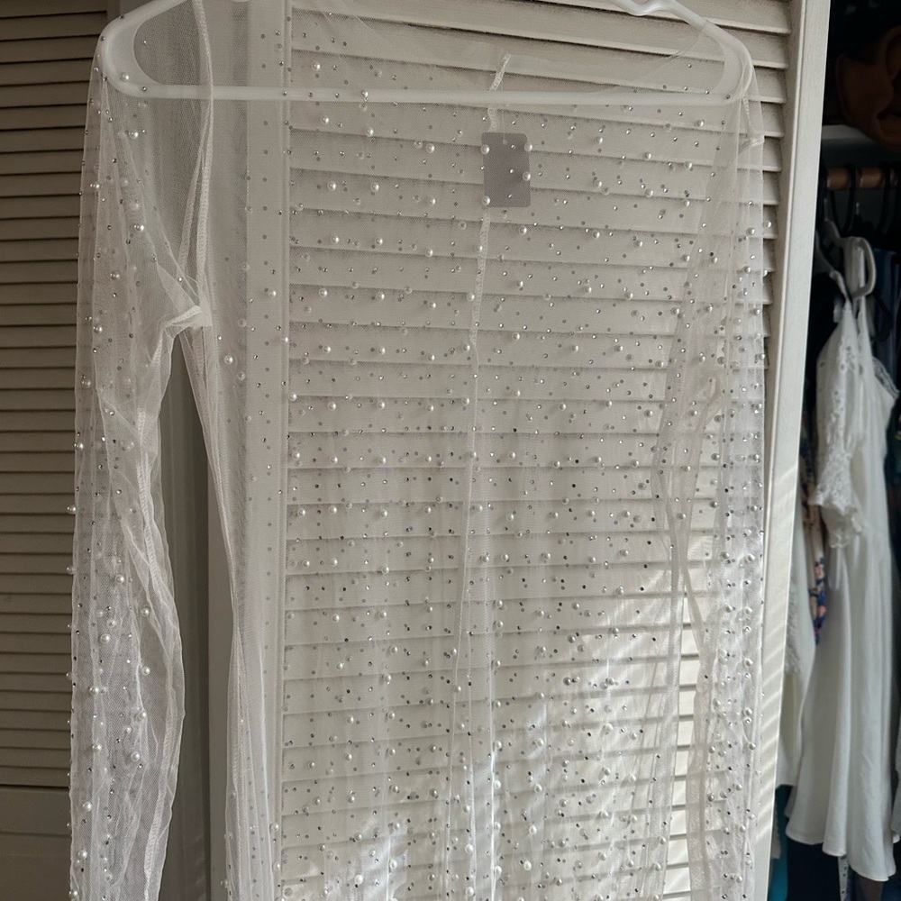 Sheer White Pearl-Embellished Long Sleeve Top
